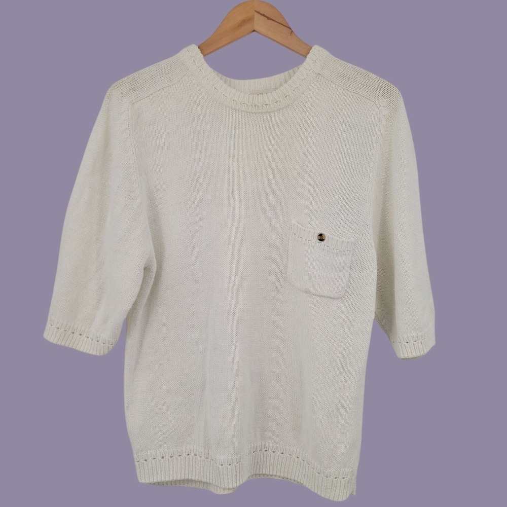 Huntington Ridge 90s Short Sleeve Knit Sweater Women Large Ivory Ramie Coastal